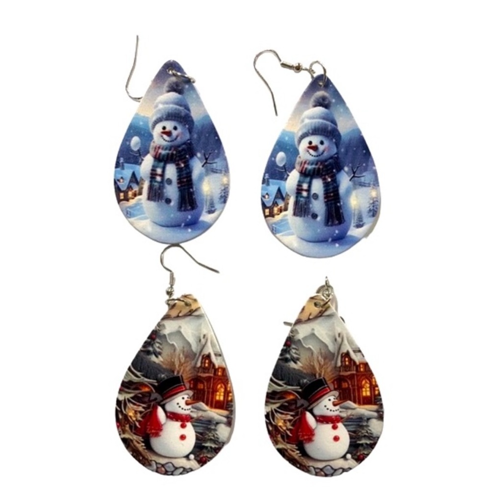 UNBRANDED Wooden CHRISTMAS Holiday Snowman Teardrop EARRINGS Set